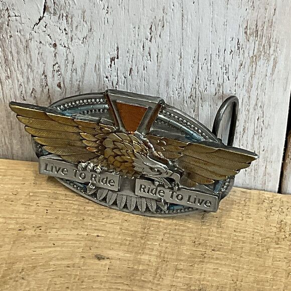 1996 Bergamot Biker Live to Ride Ride To Live Belt Buckle Mens Eagle Motorcycle - Picture 2 of 7